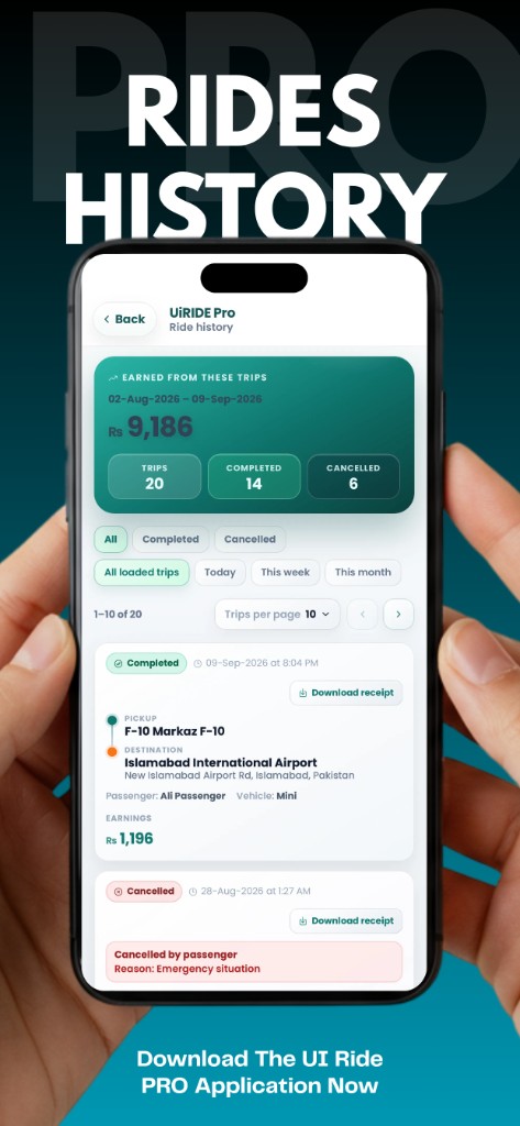 UiRIDE Pro zero commission driver app — earnings and ride history