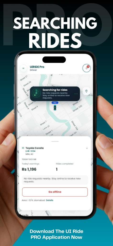 UiRIDE free ride hailing app Pakistan — map booking and searching rides